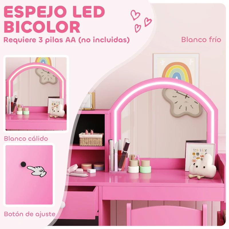 AIYAPLAY Tocador de Maquillaje Niña Tocador Infantil con Taburete y Espejo con Luces LED 1 Cajón Armario y 5 Estantes Rosa