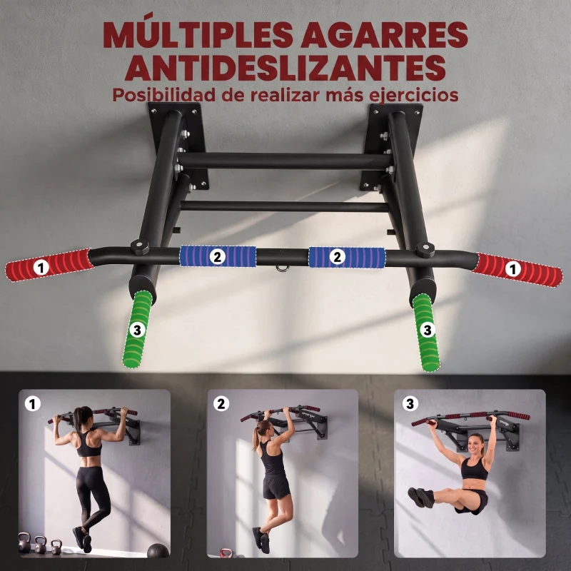 SPORTNOW Barra de Dominadas para Pared Plegable con 3 Anillas para Bandas de Resistencia Agarres Antideslizantes Capacidad 120 kg Negro