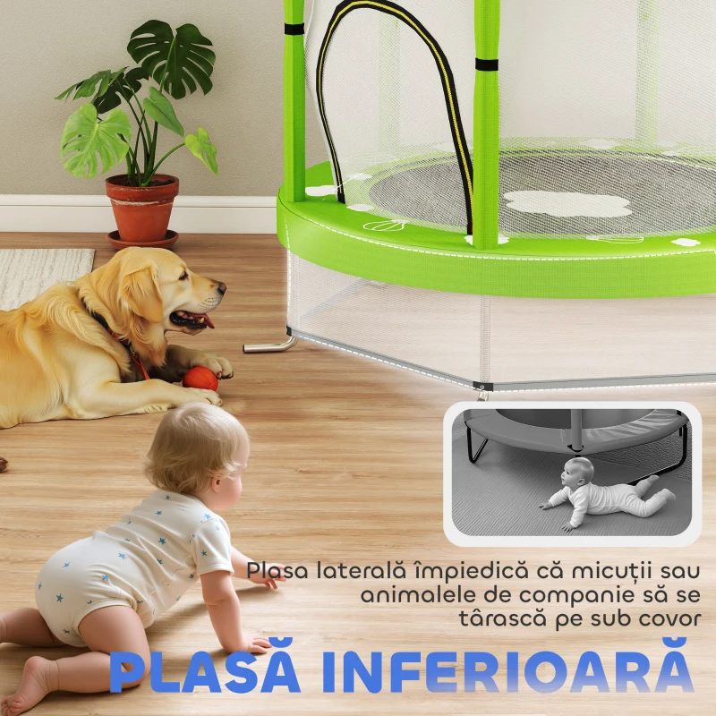 AIYAPLAY Trambulină Elastică pentru Copii Ø140 cm cu Plasă de Siguranță și Desene, Vârstă 3-6 Ani, Verde