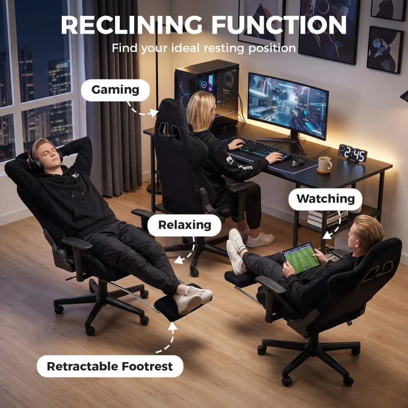 HOMCOM Chaise Gaming Ergonomique Massante et Coussin Lombaire Chauffant, Fauteuil Gaming Inclinable en Lin, Accoudoirs 3D, Noir