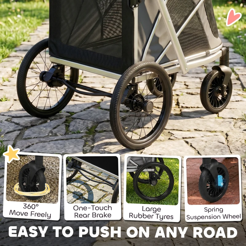 PawHut Dog Stroller, Easy Folding Pet Stroller for Small and Medium Dogs with Shock Absorption, Maximum Load 20 kg, Grey