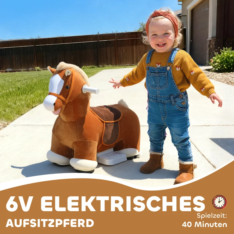 AIYAPLAY Fahrbares Reitpferd für Kinder, weicher Bezug, Batteriebetrieb, Musik, Räder, 1,5-5 Jahre, Braun