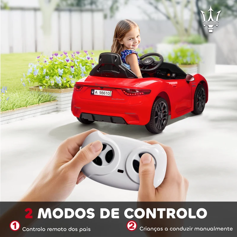 AIYAPLAY Carro Elétrico para Crianças Maserati Gran Turismo Folgore 12V Controlo Remoto Faróis Buzina e Música MP3 98x59x43 cm Vermelho