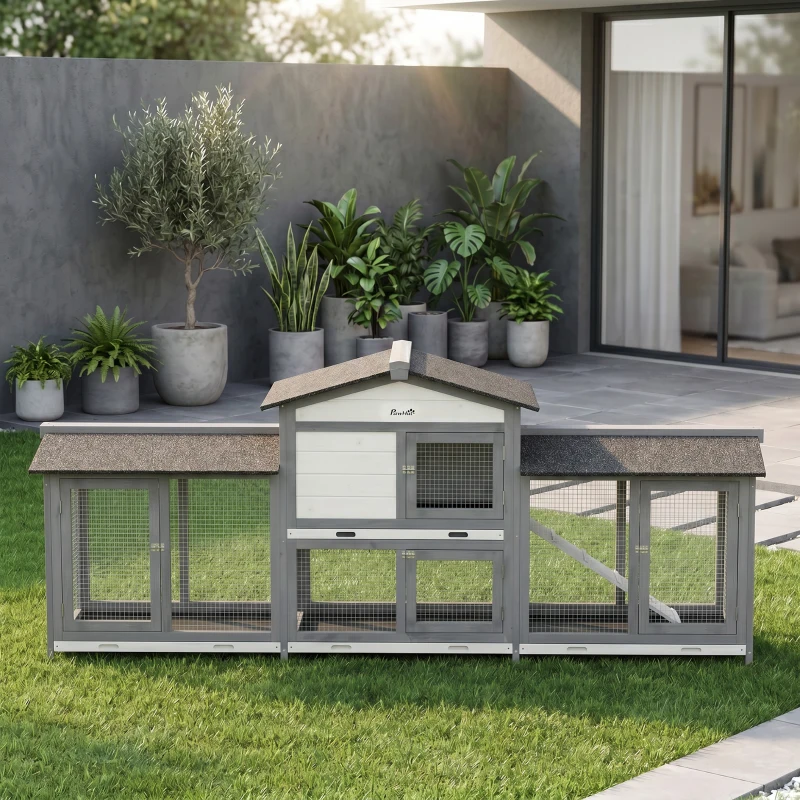 PawHut 2-Tier Large Rabbit Hutch Outdoor with Double Side Run Boxes, No-leak Plastic Tray, Ramp, 230 x 53 x 93.5cm, Light Grey