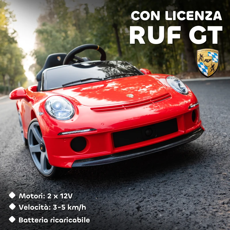AIYAPLAY Macchina per Bambini 3-5 Anni con Licenza Ufficiale RUF GT, Telecomando, Cintura di Sicurezza e Musica, Rosso
