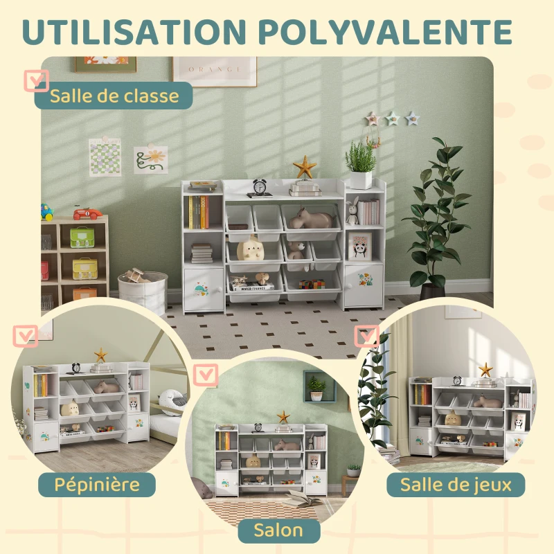 AIYAPLAY Meuble rangement enfant, étagère de rangement pour jouets enfants avec 8 bacs amovibles, 140 x 30 x 90 cm, blanc