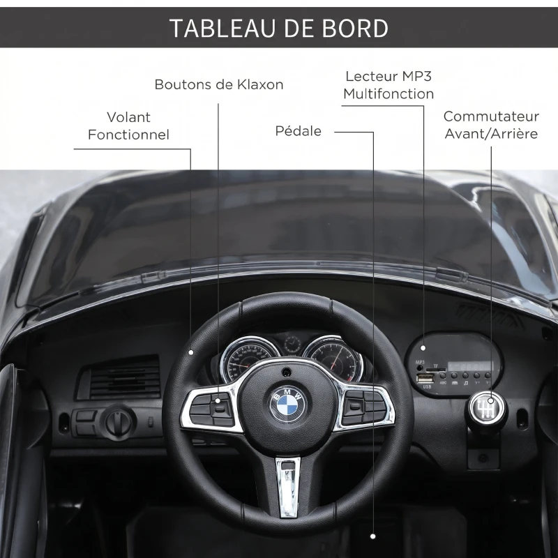 HOMCOM Voiture électrique Enfants 6 V 3 Km/h Max. Effets sonores et Lumineux télécommande Incluse Noir BMW 6 GT(m-5)