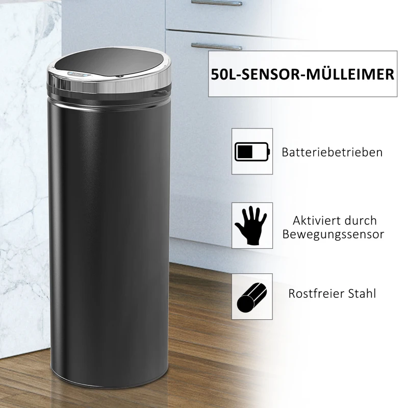 HOMCOM Afvalemmer met Bewegingssensor, roestvrij staal, 30,5 cm x 30,5 cm x 81,5 cm, Zwart
