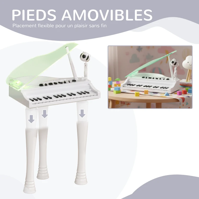 AIYAPLAY Piano enfant électronique 32 touches multifonctions avec micro haut parleur tabouret couvercle lumineux LED blanc