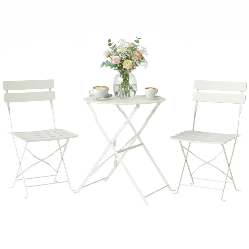 Outsunny 3-teiliges Garten Bistro Set Klappbar Bistrotisch mit 2 Stühlen Lamellen-Sitz Doppelt X-Beine Cremeweiß