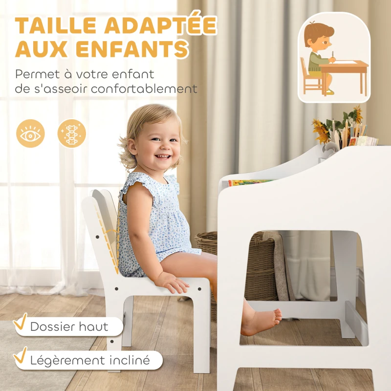AIYAPLAY Ensemble bureau et chaise pour enfant 3 à 8 ans avec compartiments et étagères ouverts, blanc