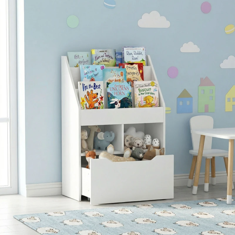 HOMCOM Bibliothèque étagère Multi-Rangement 3 étagères 2 niches Grand tiroir en bois Blanc