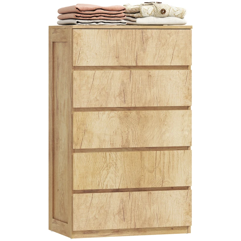 HOMCOM Commode 5 tiroirs meuble de rangement sans poignées design minimaliste 60 x 39 x 100 cm bois naturel