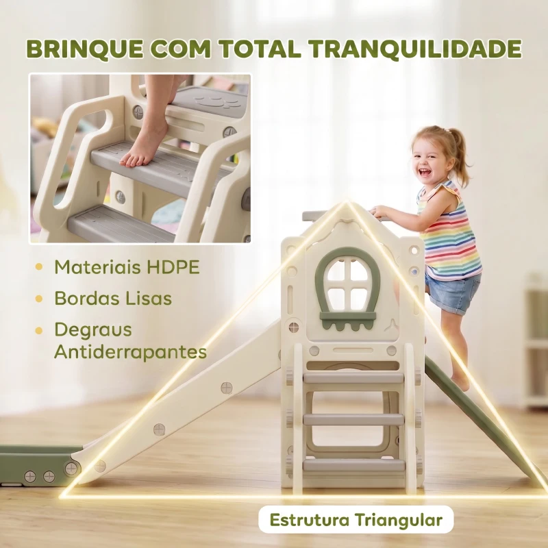 AIYAPLAY Escorrega Infantil Dobrável 4 em 1 com Trepador, Aro de Basquetebol, Bola, Arrumação e Degraus Creme