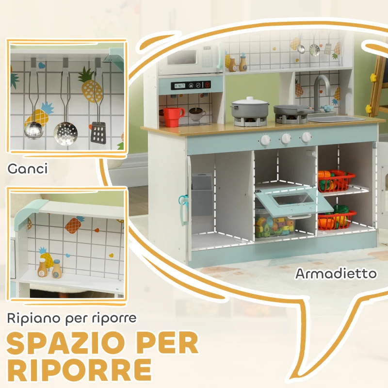 AIYAPLAY Cucina Giocattolo per Bambini 3+ Anni in Legno, Fornello Interattivo, Forno e Macchina Caffè, Bianco