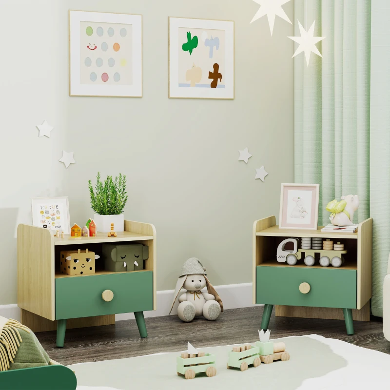 Lot de 2 tables de chevet enfant, tables de nuit enfant avec tiroir et niche, pour chambre d'enfant, 40x32,5x40cm, vert