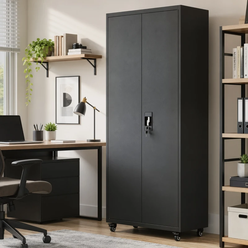 HOMCOM Armoire de Bureau Métallique, 80 x 40 x 180 cm, Meuble de Rangement sur Roulettes en Acier avec Serrure, Noir