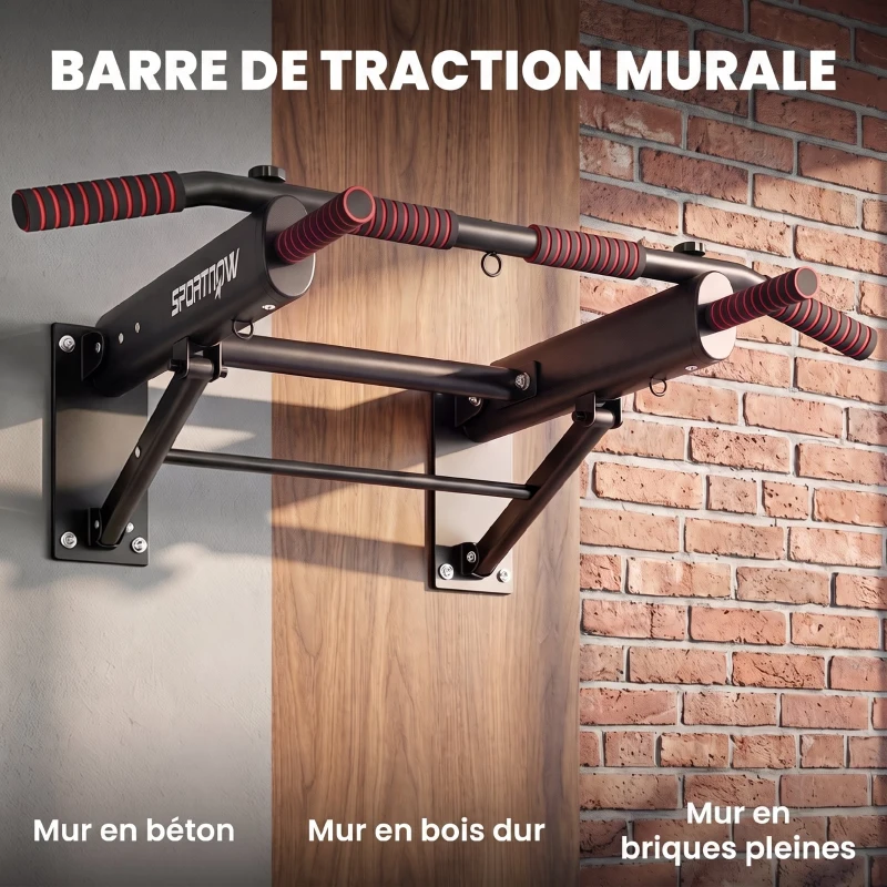 SPORTNOW Barre de Traction Murale Pliable avec Poignées Antidérapantes, 3 Crochets pour Bandes de Résistance, 98x65x31cm, Noir