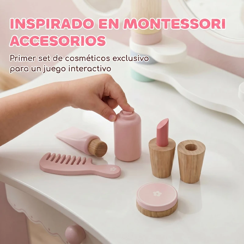 AIYAPLAY Tocador de Maquillaje Niñas con Taburete Espejos Giratorios Cajón 6 Accesorios Bandejas Laterales para +3 Años Rosa
