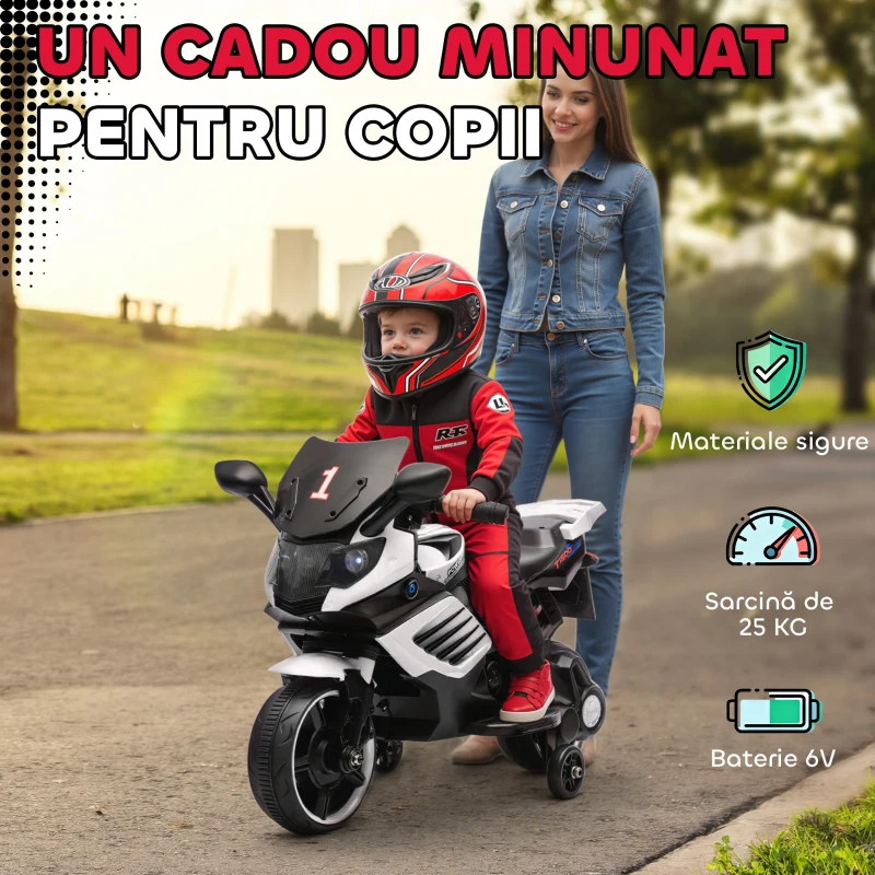 AIYAPLAY Motocicletă electrică pentru copii 6V cu roți ajutătoare detașabile, faruri și muzică, vârsta 18-36 luni, alb