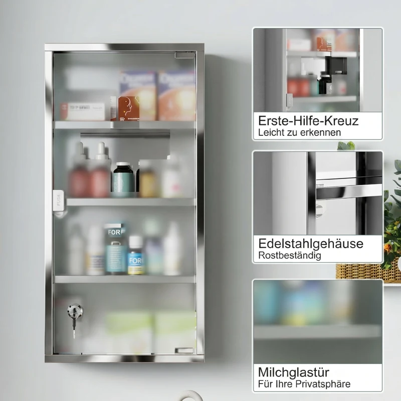 HOMCOM Armoire à Pharmacie 3 étagères 4 Niveaux 30L x 12l x 60H cm Porte Verre trempé Symbole Croix Acier Inoxydable brossé