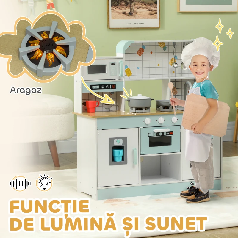 AIYAPLAY Bucătărie de Jucărie pentru Copii 3+ Ani din Lemn, Aragaz Interactiv, Cuptor și Mașină de Cafea, Alb