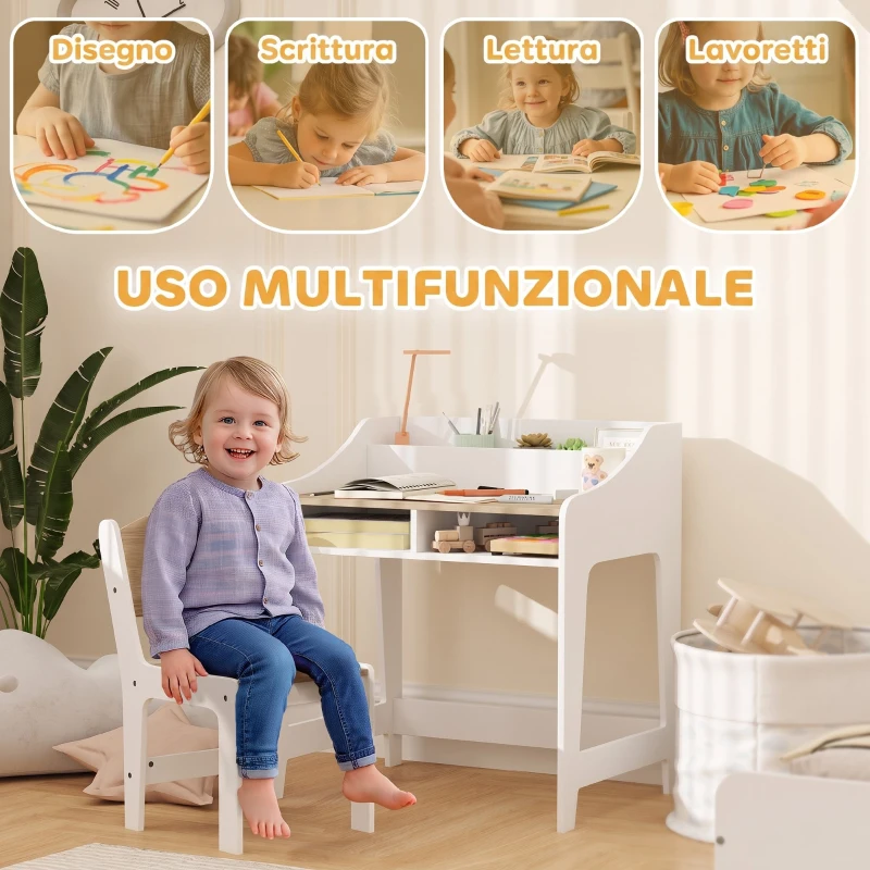 AIYAPLAY Set Scrivania e Sedia per Bambini 3-8 Anni con 3 Scomparti Aperti, Bordi Arrotondati, in Legno, Color Legno