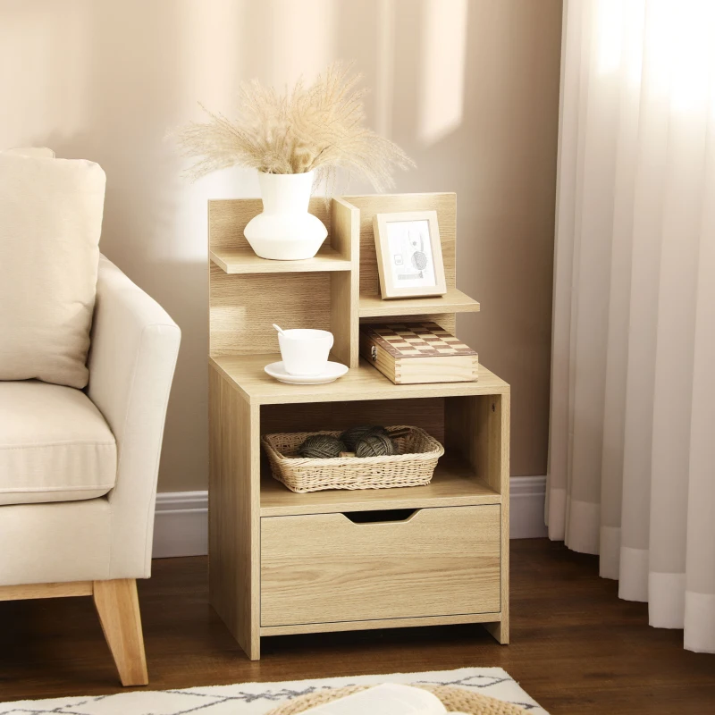 HOMCOM Table de chevet table de nuit avec tiroir, niche et étagères de rangement effet bois 45 x 35 x 73 cm naturel