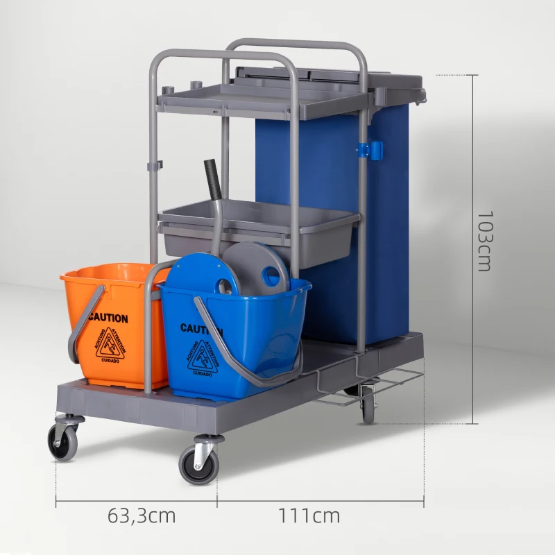 HOMCOM Carrello Pulizie a 3 Ripiani con Sacco per Immondizia e Strizzatore, 111x63.3x103 cm, Grigio Blu e Arancione