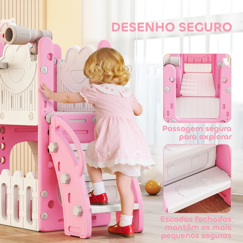 AIYAPLAY Escorrega Infantil 7 em 1 para Crianças Tema de Sapo com Aro de Basquetebol Túnel Quadro Telescópio de Brincar Trepador 176x150x94 cm Rosa