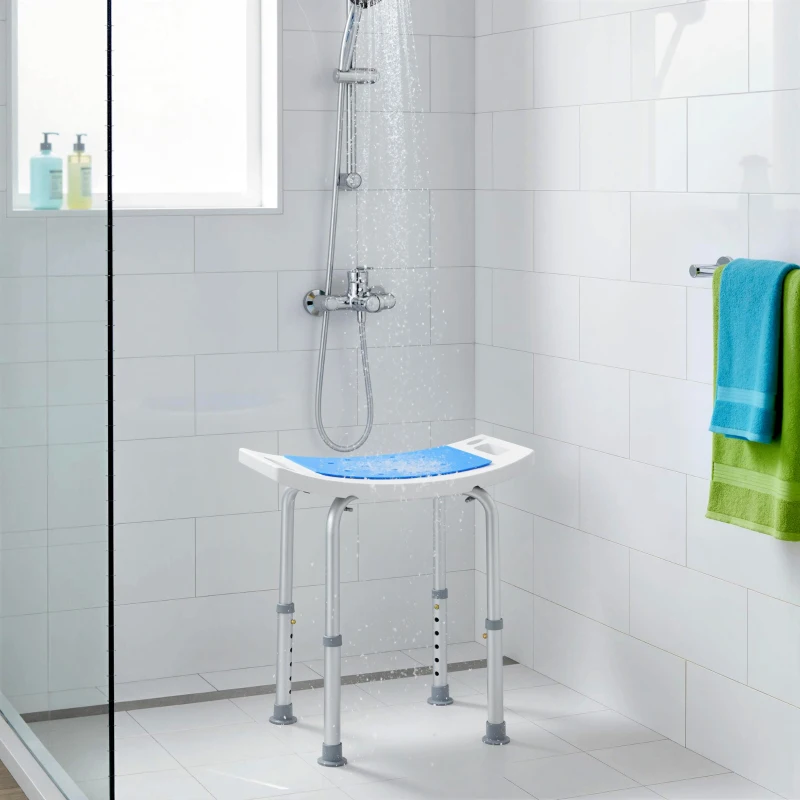 HOMCOM Taburete de Ducha Silla de Baño con Altura Ajustable en 6 Niveles Diseño Antideslizante para Ancianos o Movilidad Reducida 52x30x39-51 cm