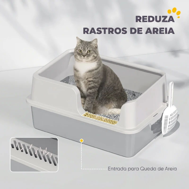 PawHut Caixa de Areia XL em Aço Inoxidável para Gatos Grandes com Borda Alta e Pá, Cinzento-claro
