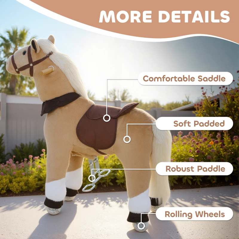 AIYAPLAY Rocking Horse, Plush Ride On Horse with Rolling Wheels & Saddle, Ride On Pony Toy for Kids 3-5 Years, Up to 25kg, Brown