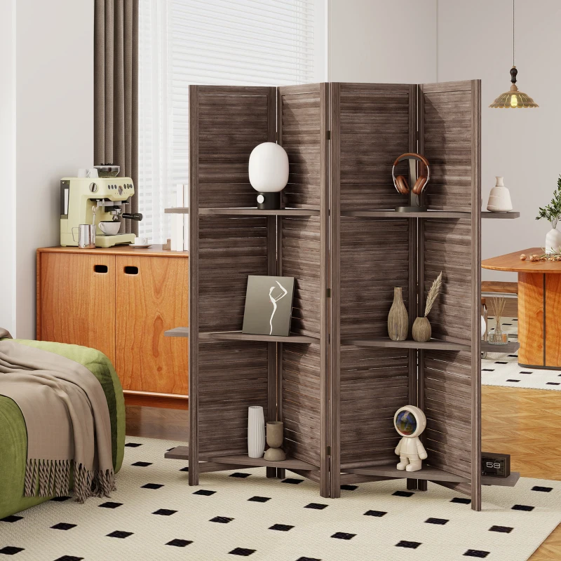 HOMCOM Paravent intérieur en bois 4 panneaux 160 x 170 cm, séparateur de pièce pliable avec 3 étagères, noyer