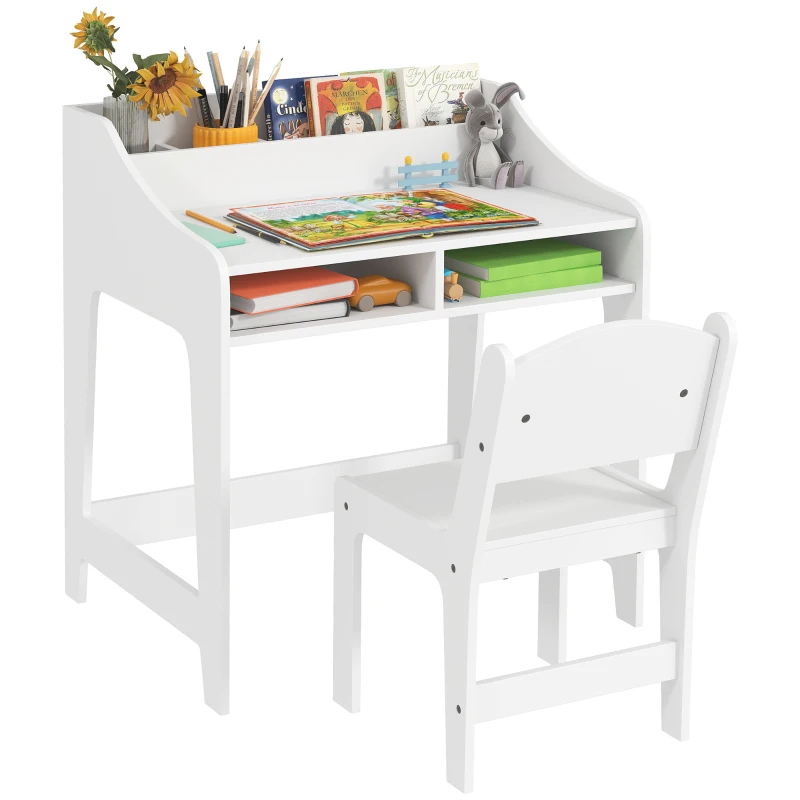 AIYAPLAY Ensemble bureau et chaise pour enfant 3 à 8 ans avec compartiments et étagères ouverts, blanc