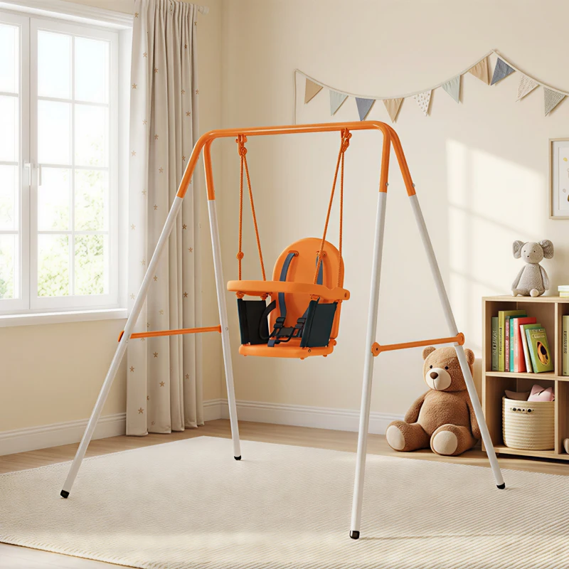 Outsunny Baloiço Infantil de Aço para Crianças dos 6 aos 36 Meses com Encosto Alto e Arnês de Segurança 122x146x122 cm Laranja