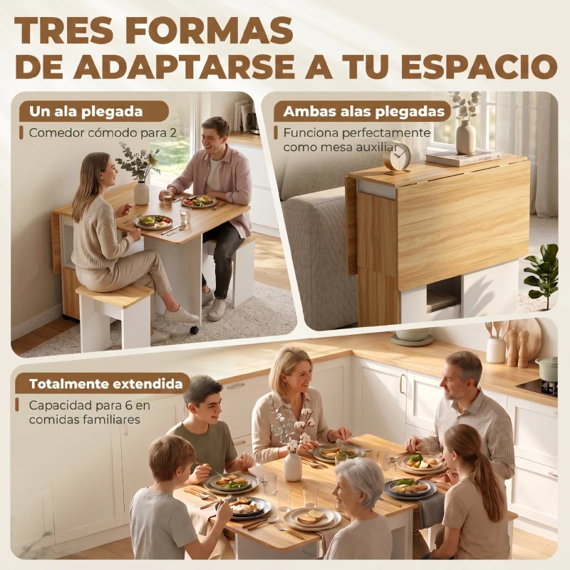 HOMCOM Conjunto Mesa de Comedor Plegable y 4 Taburetes Ocultos 2 Alas Abatibles Ruedas Estantes Roble
