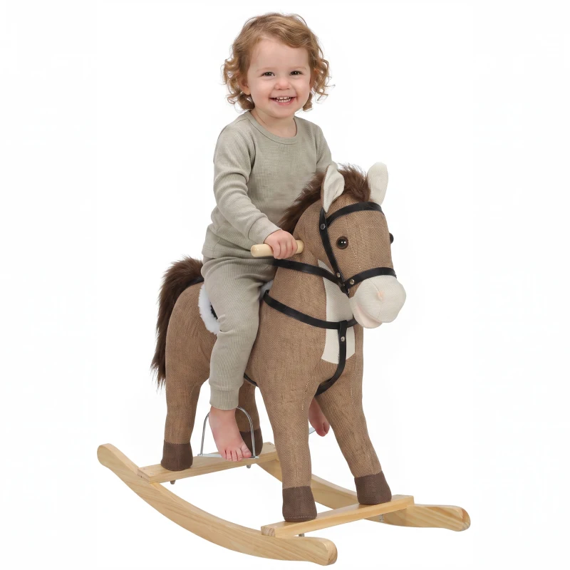 AIYAPLAY Schaukelpferd mit Sound und Sicherheitsgriffen, Reitpferd mit Holzgestell für Kleinkinder von 12–36 Monaten, Dunkelbraun