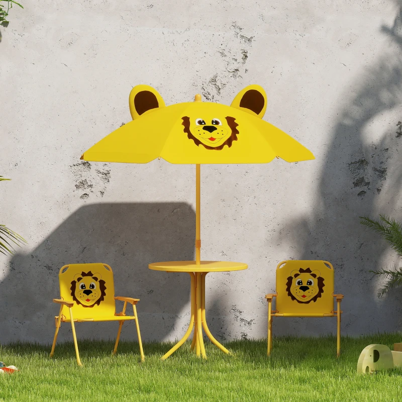 AIYAPLAY Set da Giardino per Bambini 2-5 Anni con Tavolino Rotondo, 2 Sedie Pieghevoli e un Ombrellone, Giallo