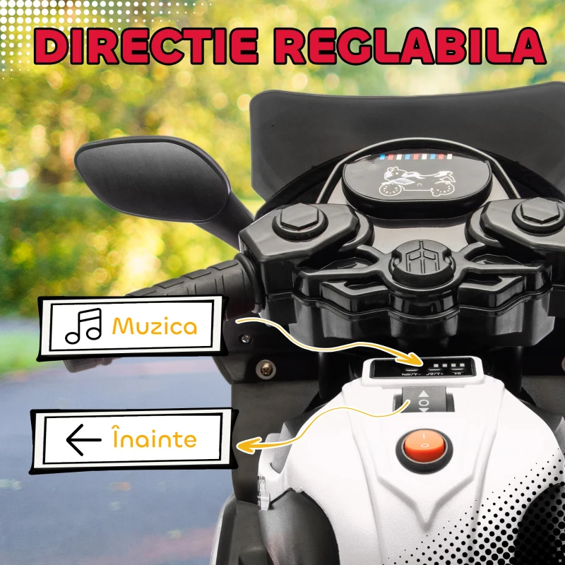 AIYAPLAY Motocicletă electrică pentru copii 6V cu roți ajutătoare detașabile, faruri și muzică, vârsta 18-36 luni, alb