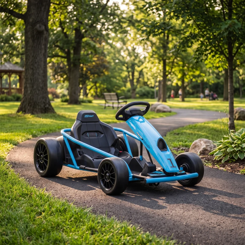 HOMCOM Go-Kart Elettrico per Bambini 8-12 Anni con Schienale Alto e Cintura di Sicurezza, 115x77x54 cm, Blu e Nero