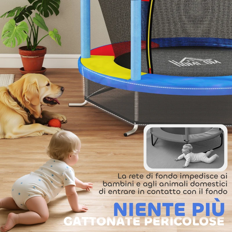 HOMCOM Tappeto Elastico per Bambini 3-6 Anni con Rete di Protezione, 6 Colonne e 3 Ingressi, Ø140x190 cm, Multicolore