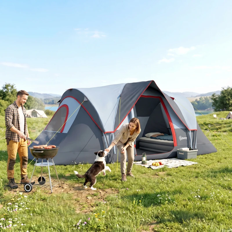 Outsunny Tente de camping familiale 5 pers. - tente tunelle ventilée facile à monter - grande porte + 2 fenêtres - 4,55L x 2,2l x 1,8H m fibre verre polyester oxford gris
