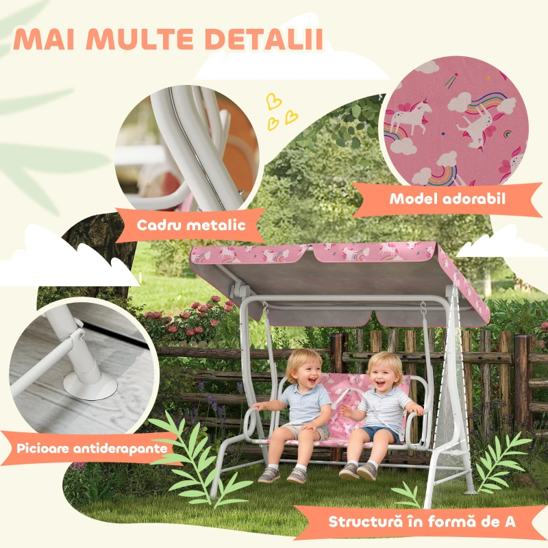AIYAPLAY Leagăn pentru Copii, Leagăn de Grădină cu 2 Locuri 112x75x120 cm Roz