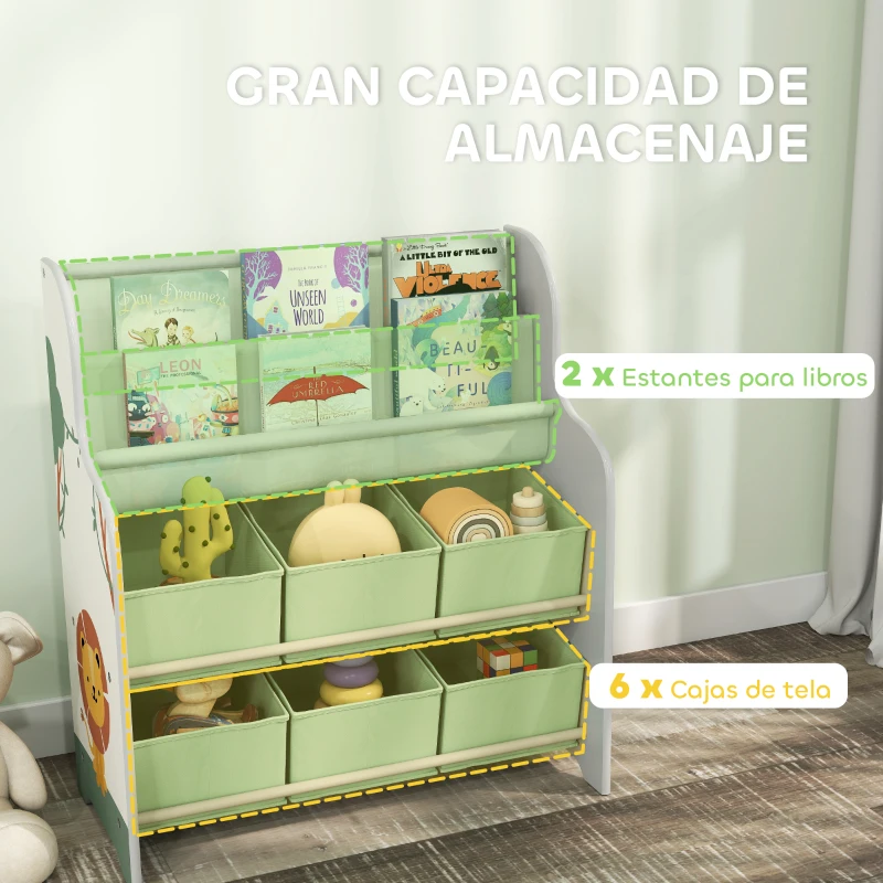 AIYAPLAY Estantería Infantil para Juguetes con 6 Cajas Extraíbles de Tela no Tejida y 2 Estantes para Guardería 63x30x71 cm Verde