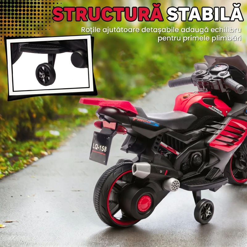 AIYAPLAY Motocicletă Electrică pentru Copii 18-36 luni, 6V, cu Roți Detașabile, Faruri și Melodii, Roșu