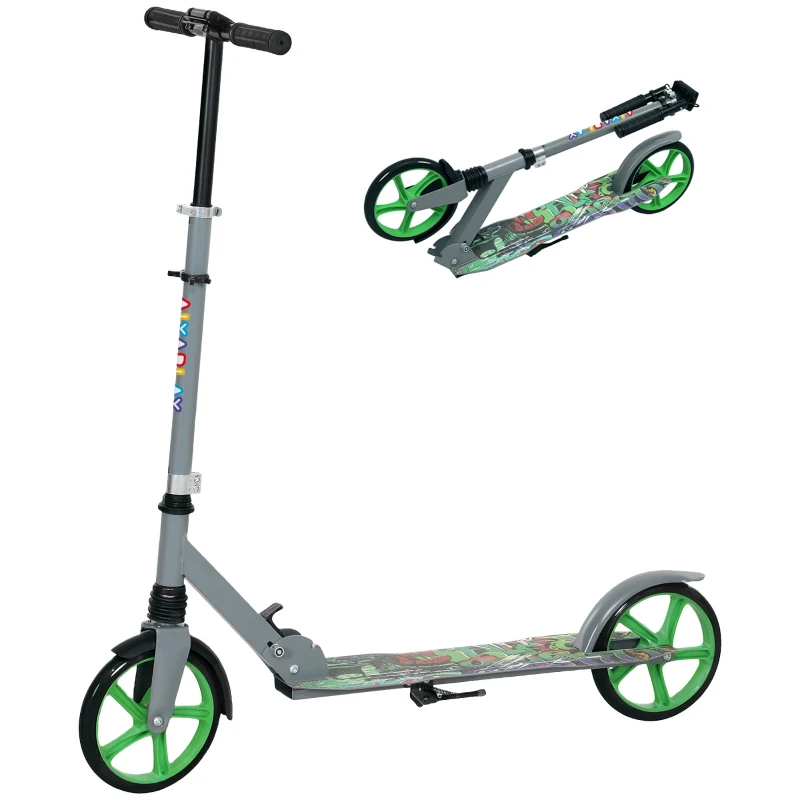 AIYAPLAY Foldable Kids Scooter with Adjustable Handlebar, 200mm Big Wheel, Rear Fender Brake, for Ages 6-12 Years, Green
