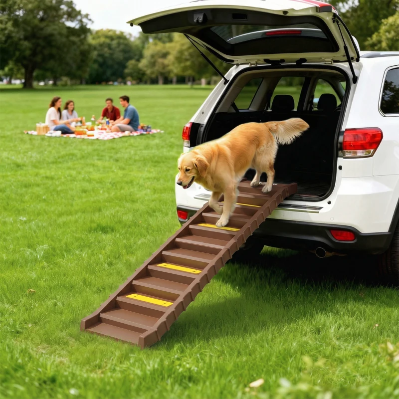 PawHut Dog Car Ramp with Anti-Slip Steps, 10-Steps Pet Stairs for Pets to Access Cars and High Beds, Brown