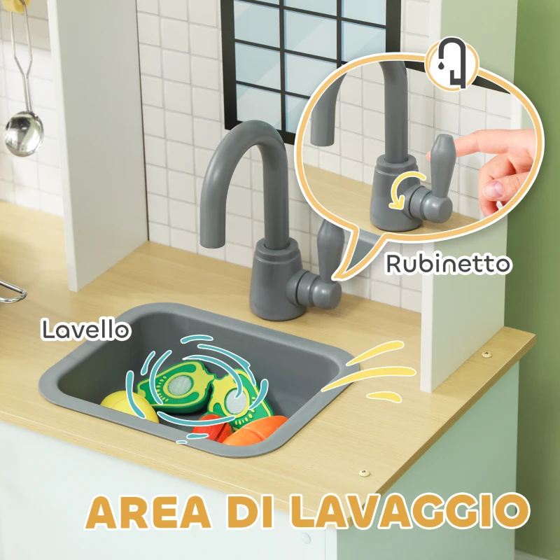AIYAPLAY Cucina Giocattolo per Bambini con Fornelli e Armadietti, in Acciaio, Legno e PP, 72x33x85.2 cm, Blu e Bianco