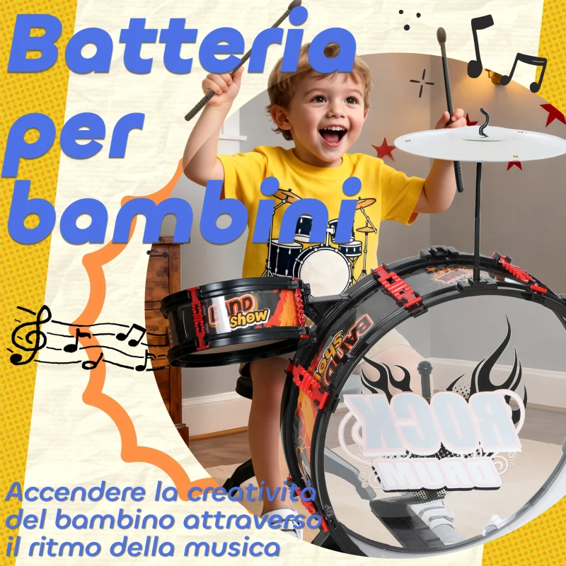 AIYAPLAY Set Batteria Giocattolo per Bambini con Sgabello, Gioco Musicale per Bambini 3-6 Anni, Nero